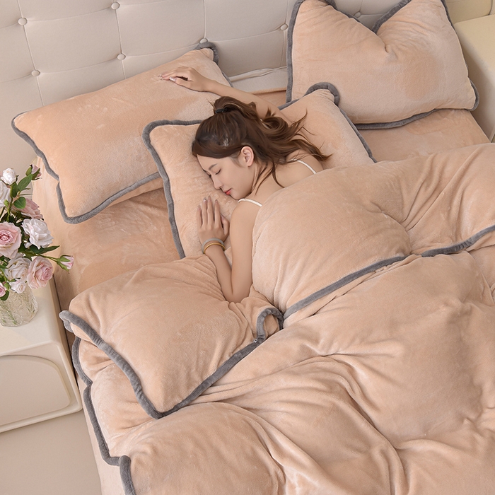 91家纺网 家纺一手货源 找家纺 云恋家纺 加厚牛奶绒四件套简约双面加绒被套罩床单双人家用冬季法兰绒--简约款 简约-金色