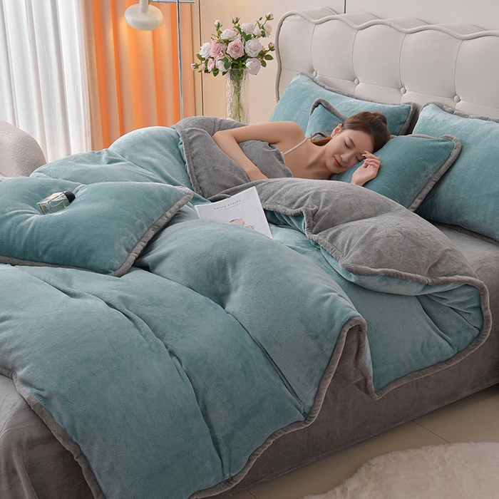 云恋家纺 加厚牛奶绒四件套简约双面加绒被套罩床单双人家用冬季法兰绒--简约款 简约-蓝拼灰