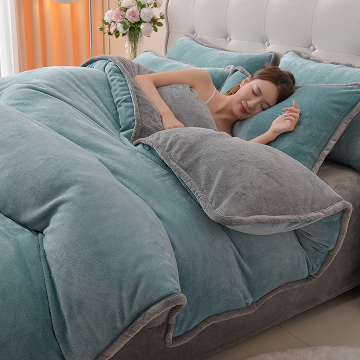 91家纺网 家纺一手货源 找家纺 云恋家纺 加厚牛奶绒四件套简约双面加绒被套罩床单双人家用冬季法兰绒--简约款 简约-蓝拼灰