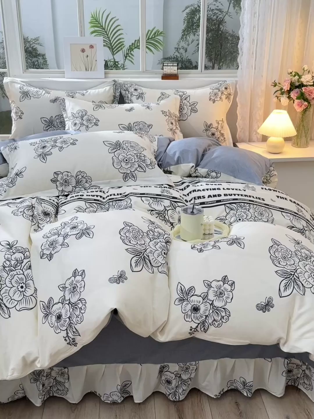 91家纺网 家纺一手货源 找家纺 绘萱家居 2025新款100%全棉床裙款斜纹印花四件套 赫本之风