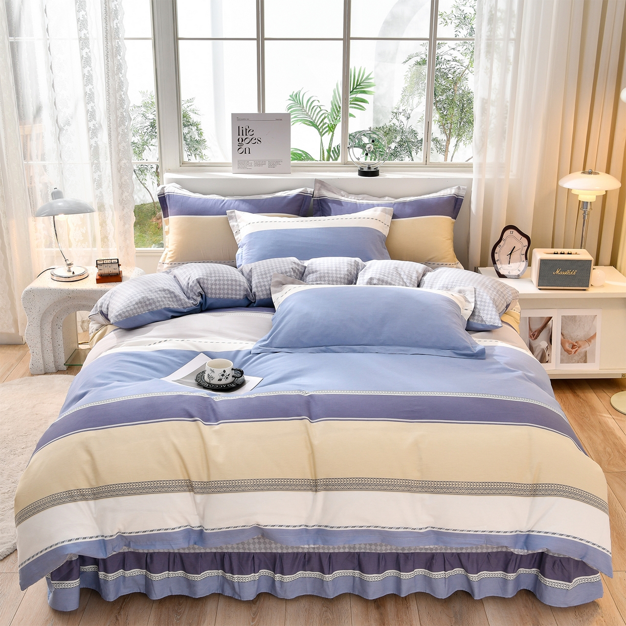 91家纺网 家纺一手货源 找家纺 绘萱家居 2025新款100%全棉床裙款斜纹印花四件套 安吉