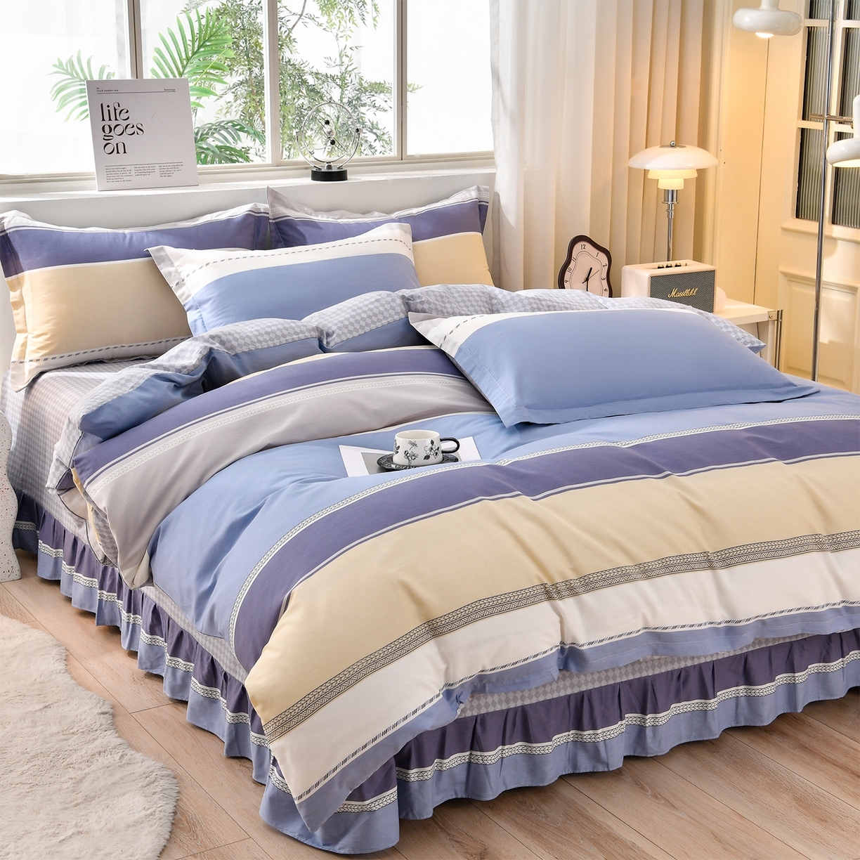 91家纺网 家纺一手货源 找家纺 绘萱家居 2025新款100%全棉床裙款斜纹印花四件套 安吉