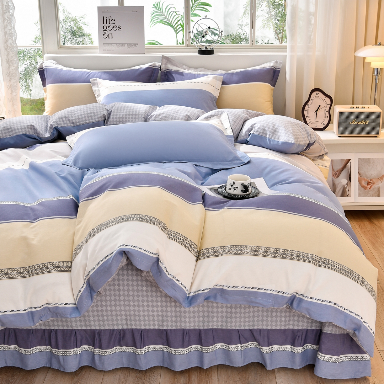 91家纺网 家纺一手货源 找家纺 绘萱家居 2025新款100%全棉床裙款斜纹印花四件套 安吉