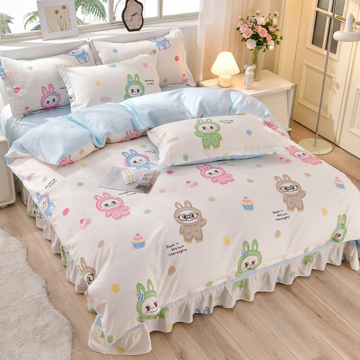 绘萱家居 2025新款100%全棉床裙款斜纹印花四件套 潮布偶