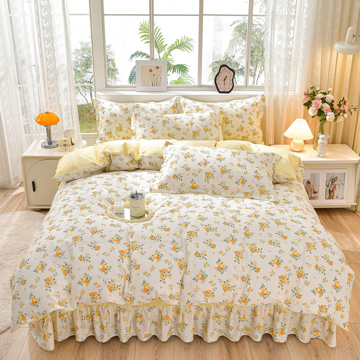 91家纺网 家纺一手货源 找家纺 绘萱家居 2025新款100%全棉床裙款斜纹印花四件套 初春