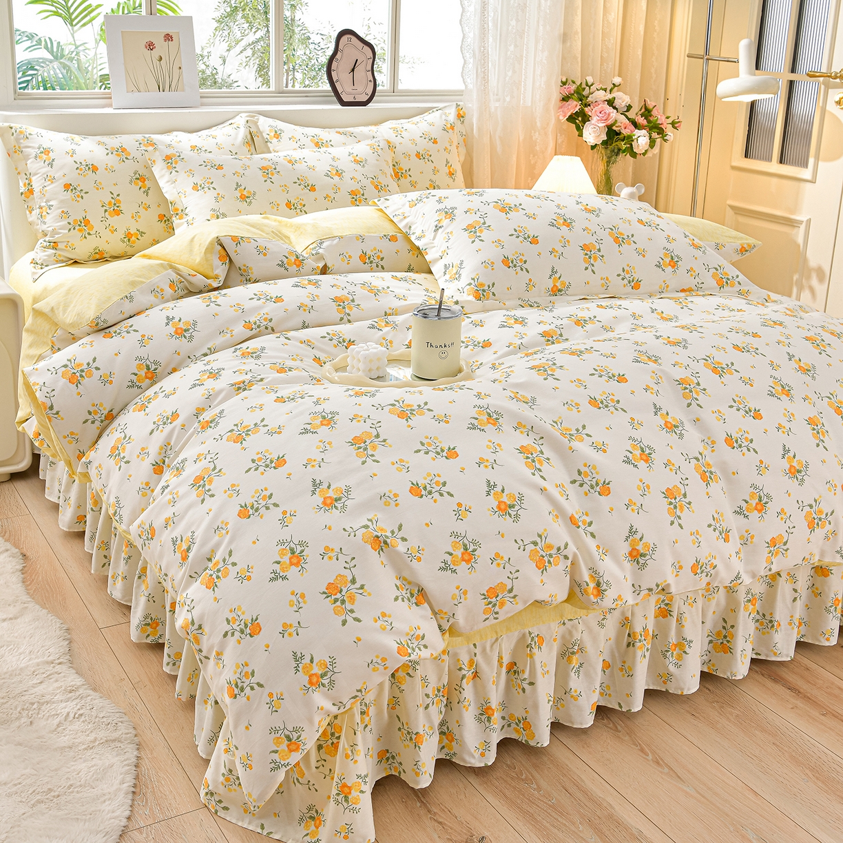 91家纺网 家纺一手货源 找家纺 绘萱家居 2025新款100%全棉床裙款斜纹印花四件套 初春