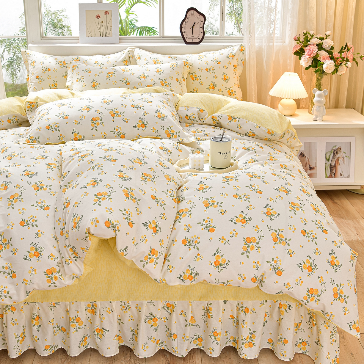 91家纺网 家纺一手货源 找家纺 绘萱家居 2025新款100%全棉床裙款斜纹印花四件套 初春