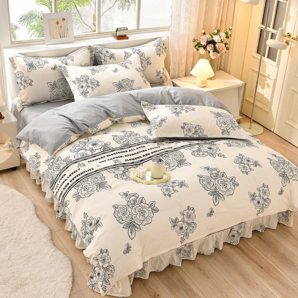 绘萱家居 2025新款100%全棉床裙款斜纹印花四件套 赫本之风