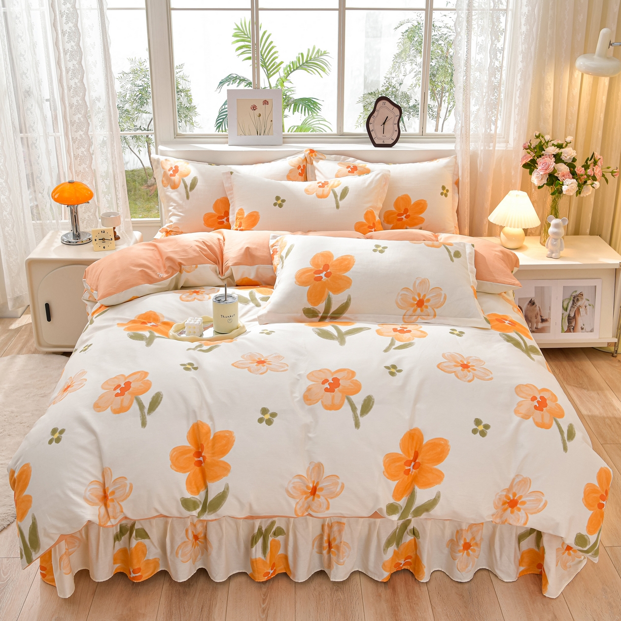 91家纺网 家纺一手货源 找家纺 绘萱家居 2025新款100%全棉床裙款斜纹印花四件套 情意绵绵