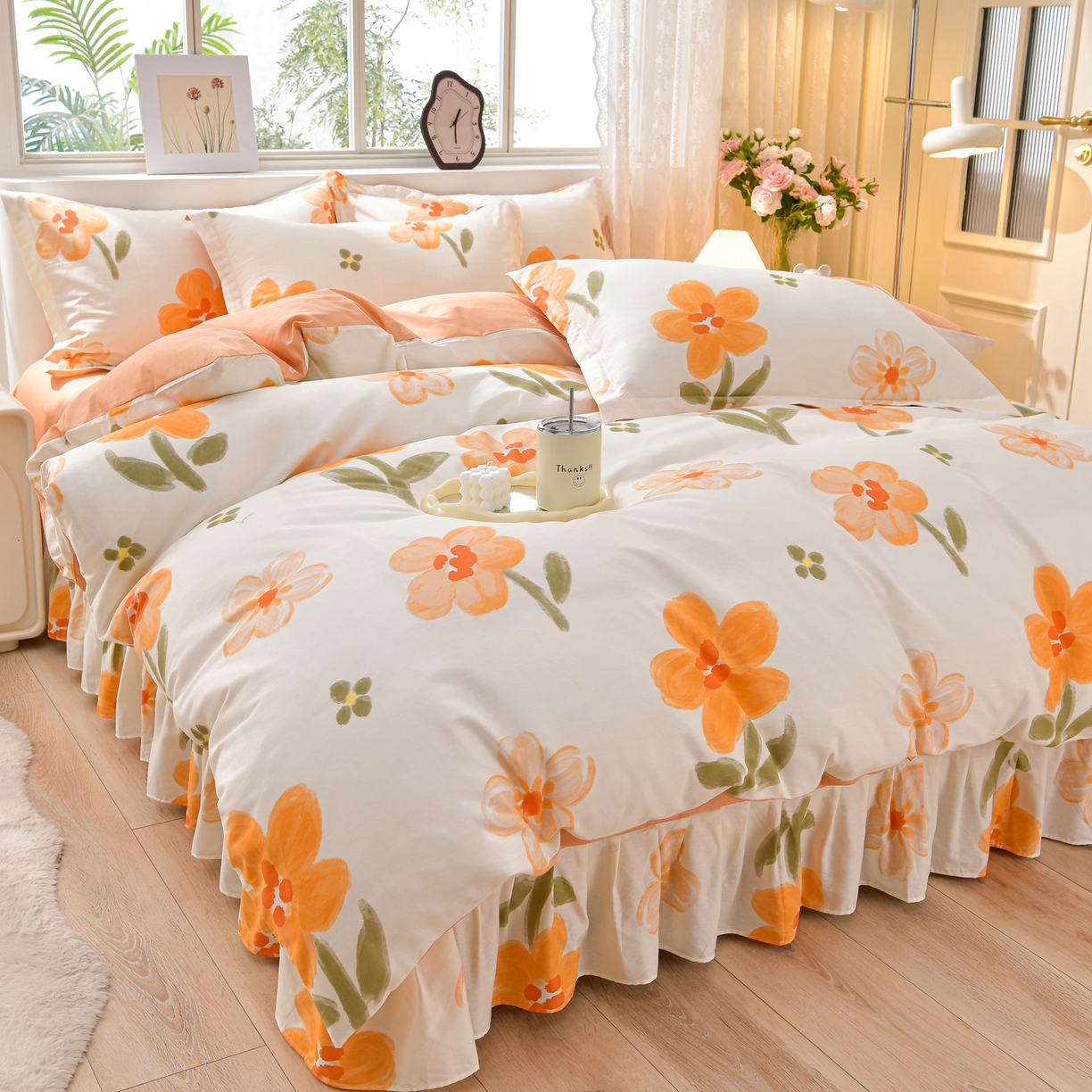 91家纺网 家纺一手货源 找家纺 绘萱家居 2025新款100%全棉床裙款斜纹印花四件套 情意绵绵