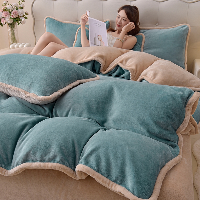 91家纺网 家纺一手货源 找家纺 云恋家纺 加厚牛奶绒四件套简约双面加绒被套罩床单双人家用冬季法兰绒--简约款 简约-蓝拼金