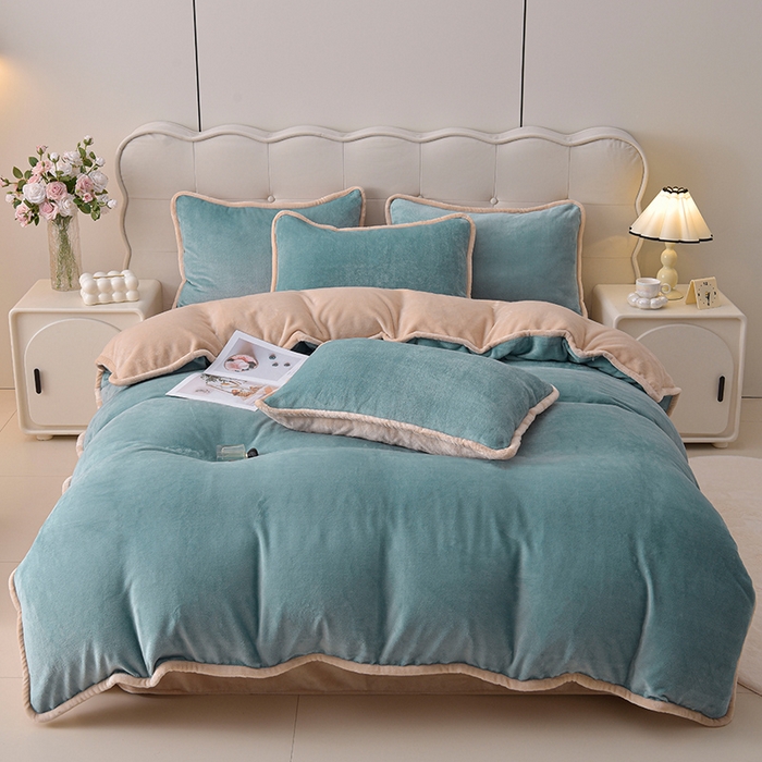 91家纺网 家纺一手货源 找家纺 云恋家纺 加厚牛奶绒四件套简约双面加绒被套罩床单双人家用冬季法兰绒--简约款 简约-蓝拼金