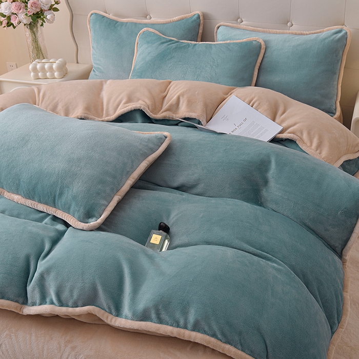 91家纺网 家纺一手货源 找家纺 云恋家纺 加厚牛奶绒四件套简约双面加绒被套罩床单双人家用冬季法兰绒--简约款 简约-蓝拼金