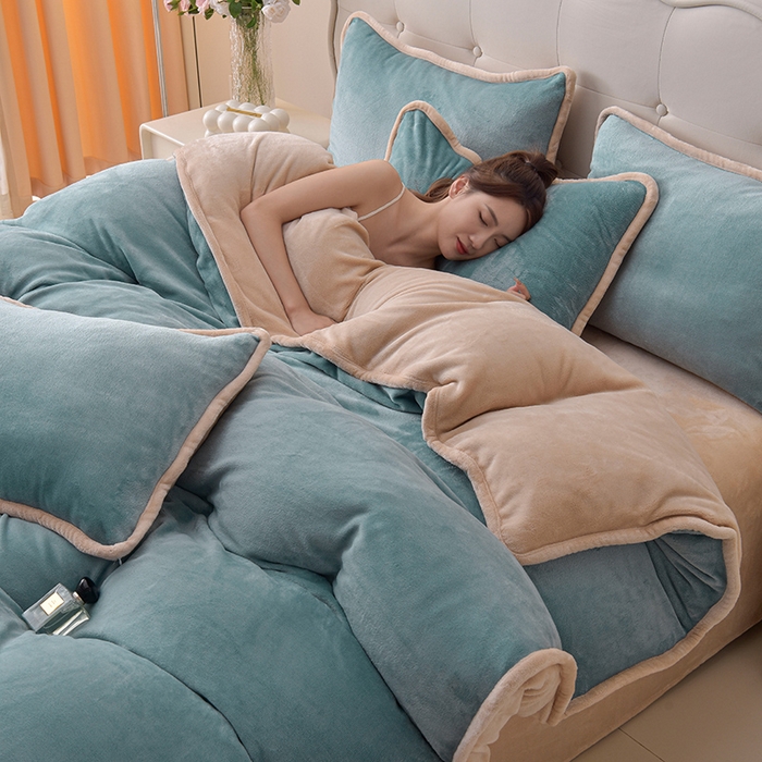 91家纺网 家纺一手货源 找家纺 云恋家纺 加厚牛奶绒四件套简约双面加绒被套罩床单双人家用冬季法兰绒--简约款 简约-蓝拼金