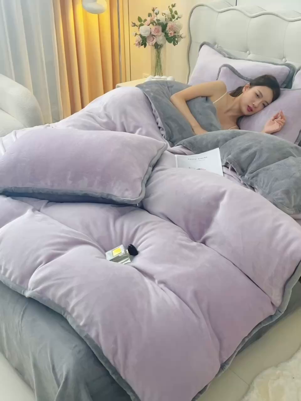 91家纺网 家纺一手货源 找家纺 云恋家纺 加厚牛奶绒四件套简约双面加绒被套罩床单双人家用冬季法兰绒--简约款 简约-紫拼灰