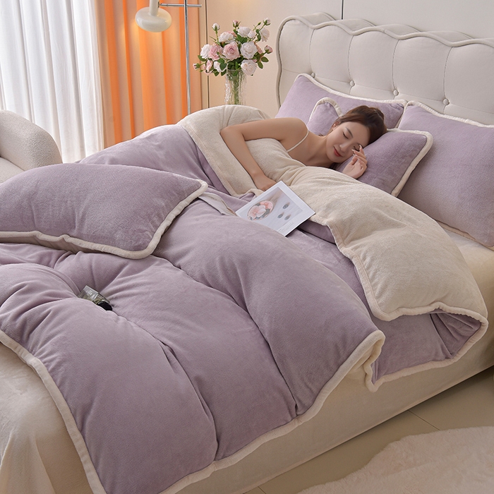 云恋家纺 加厚牛奶绒四件套简约双面加绒被套罩床单双人家用冬季法兰绒--简约款 简约-紫拼米