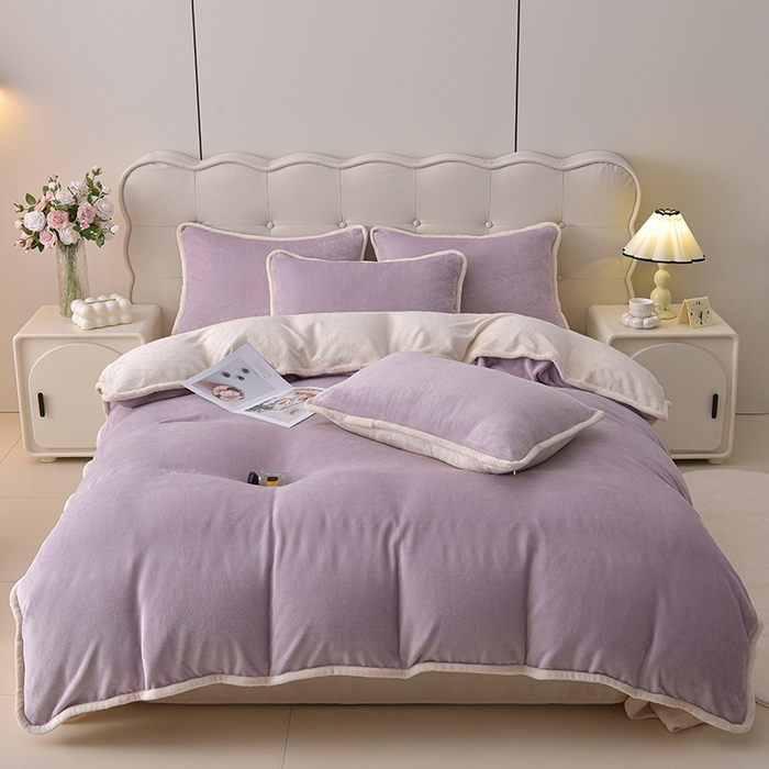 91家纺网 家纺一手货源 找家纺 云恋家纺 加厚牛奶绒四件套简约双面加绒被套罩床单双人家用冬季法兰绒--简约款 简约-紫拼米