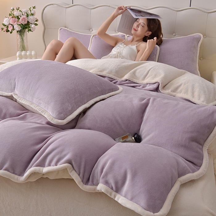 91家纺网 家纺一手货源 找家纺 云恋家纺 加厚牛奶绒四件套简约双面加绒被套罩床单双人家用冬季法兰绒--简约款 简约-紫拼米