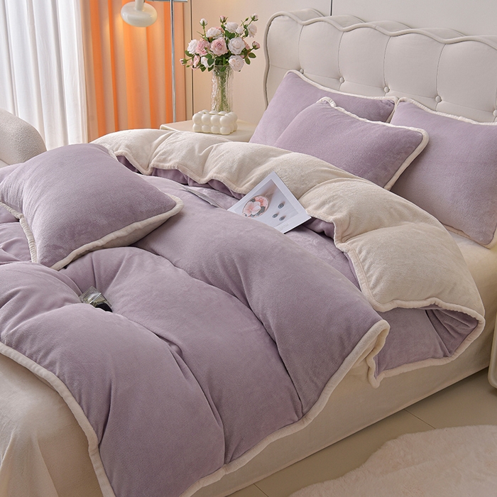 91家纺网 家纺一手货源 找家纺 云恋家纺 加厚牛奶绒四件套简约双面加绒被套罩床单双人家用冬季法兰绒--简约款 简约-紫拼米
