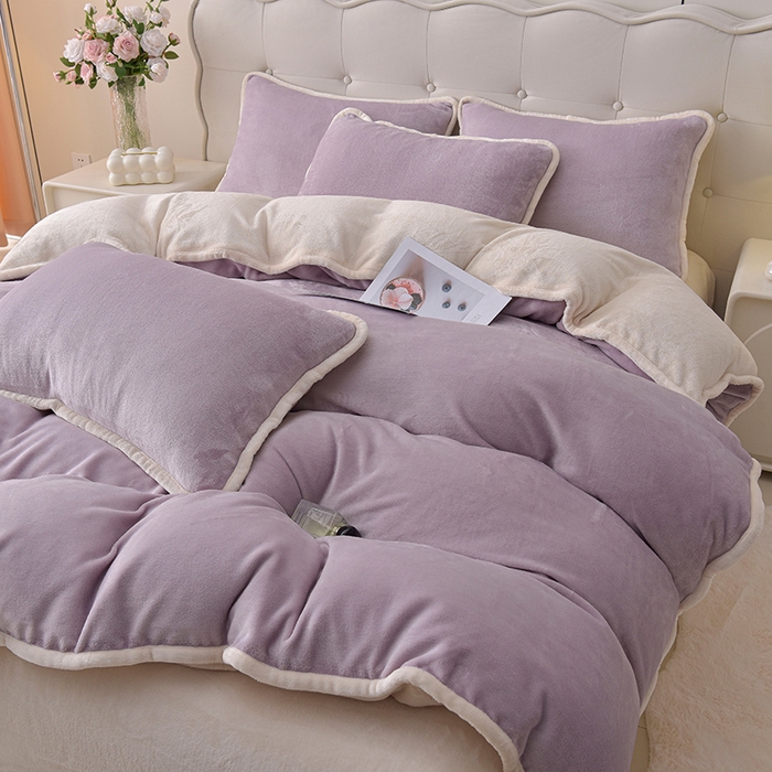 91家纺网 家纺一手货源 找家纺 云恋家纺 加厚牛奶绒四件套简约双面加绒被套罩床单双人家用冬季法兰绒--简约款 简约-紫拼米