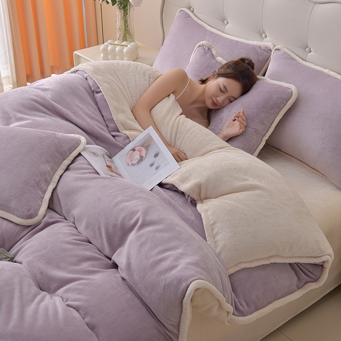 91家纺网 家纺一手货源 找家纺 云恋家纺 加厚牛奶绒四件套简约双面加绒被套罩床单双人家用冬季法兰绒--简约款 简约-紫拼米