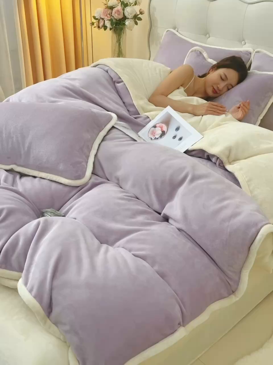 91家纺网 家纺一手货源 找家纺 云恋家纺 加厚牛奶绒四件套简约双面加绒被套罩床单双人家用冬季法兰绒--简约款 简约-紫拼米