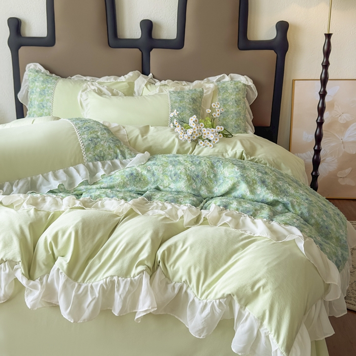 鼎丰家纺 2025新款法式高定雪纺花边四件套（提供买家秀） 绿野雏语-浅绿