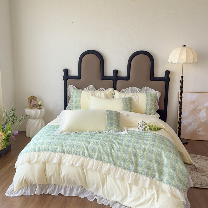 91家纺网 家纺一手货源 找家纺 鼎丰家纺 2025新款法式高定雪纺花边四件套（提供买家秀） 绿野雏语-米色