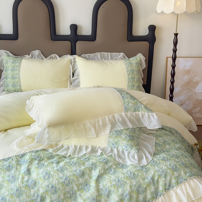 91家纺网 家纺一手货源 找家纺 鼎丰家纺 2025新款法式高定雪纺花边四件套（提供买家秀） 绿野雏语-米色