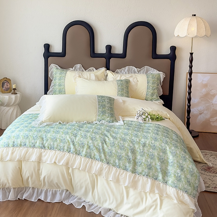 91家纺网 家纺一手货源 找家纺 鼎丰家纺 2025新款法式高定雪纺花边四件套（提供买家秀） 绿野雏语-米色