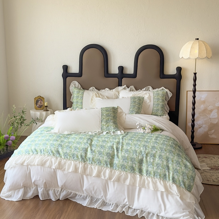 91家纺网 家纺一手货源 找家纺 鼎丰家纺 2025新款法式高定雪纺花边四件套（提供买家秀） 绿野雏语-奶白