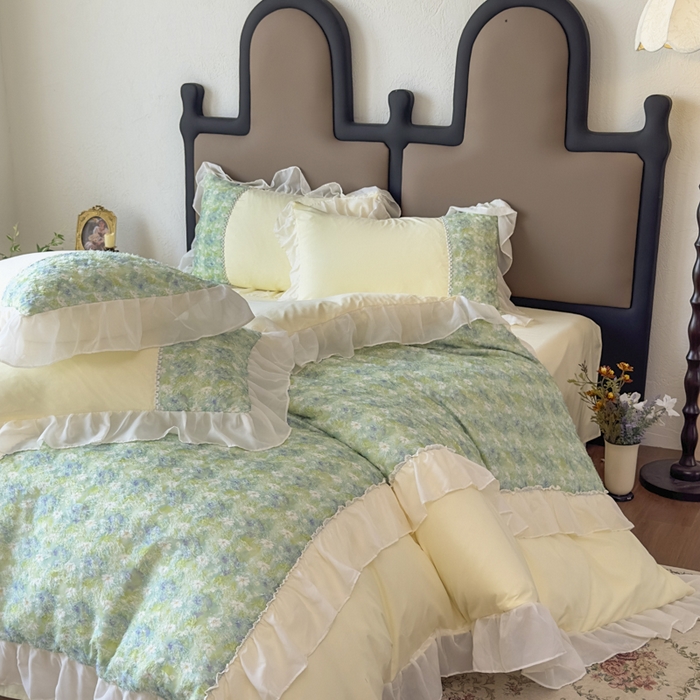 91家纺网 家纺一手货源 找家纺 鼎丰家纺 2025新款法式高定雪纺花边四件套（提供买家秀） 绿野雏语-米色