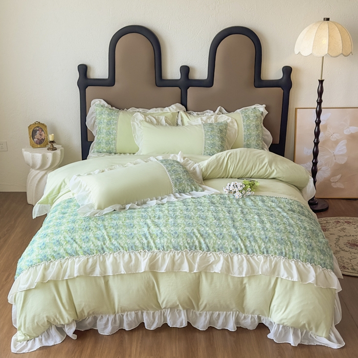 91家纺网 家纺一手货源 找家纺 鼎丰家纺 2025新款法式高定雪纺花边四件套（提供买家秀） 绿野雏语-浅绿