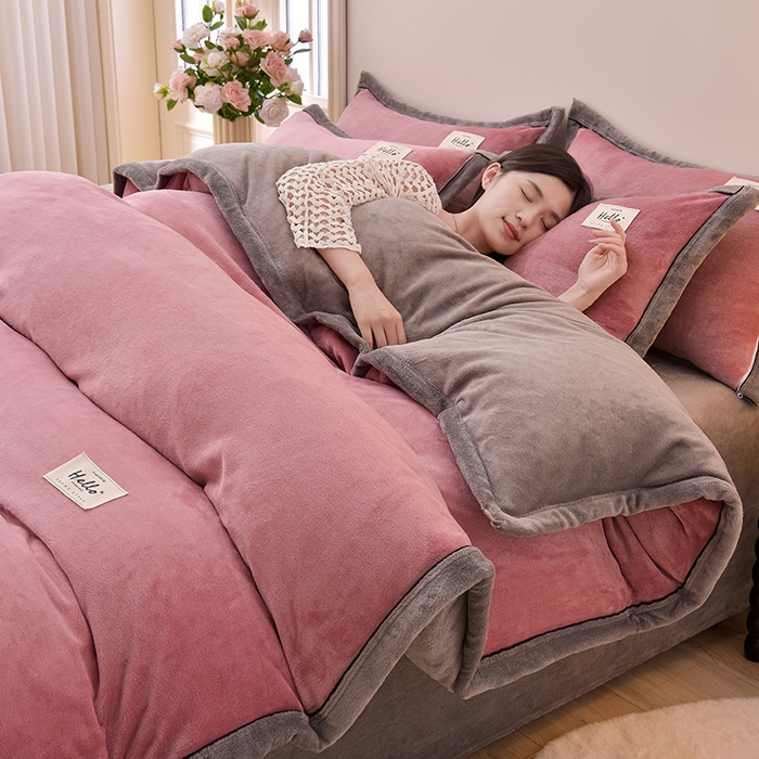 91家纺网 家纺一手货源 找家纺 云恋家纺 纯色双面绒牛奶绒床上用品四件套加厚绒法兰绒床笠被套罩床单双人 青春-豆沙灰