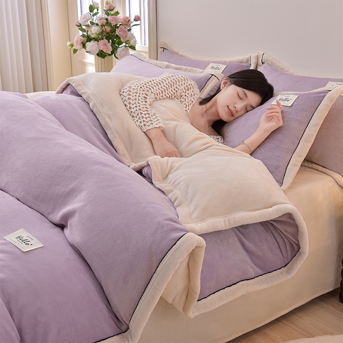 91家纺网 家纺一手货源 找家纺 云恋家纺 纯色双面绒牛奶绒床上用品四件套加厚绒法兰绒床笠被套罩床单双人 青春-紫拼米