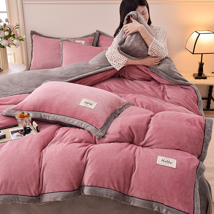 91家纺网 家纺一手货源 找家纺 云恋家纺 纯色双面绒牛奶绒床上用品四件套加厚绒法兰绒床笠被套罩床单双人 青春-豆沙灰
