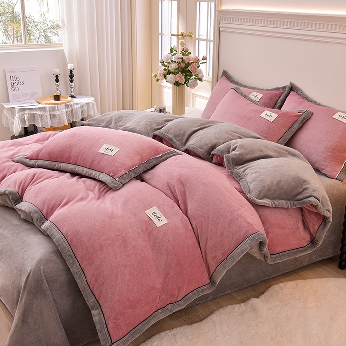 91家纺网 家纺一手货源 找家纺 云恋家纺 纯色双面绒牛奶绒床上用品四件套加厚绒法兰绒床笠被套罩床单双人 青春-豆沙灰