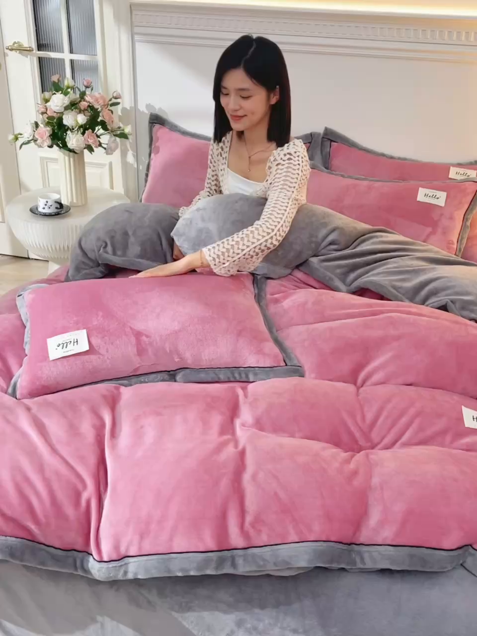 91家纺网 家纺一手货源 找家纺 云恋家纺 纯色双面绒牛奶绒床上用品四件套加厚绒法兰绒床笠被套罩床单双人 青春-豆沙灰