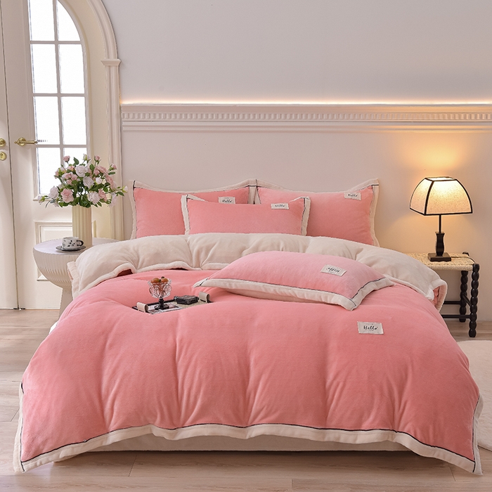 91家纺网 家纺一手货源 找家纺 云恋家纺 纯色双面绒牛奶绒床上用品四件套加厚绒法兰绒床笠被套罩床单双人 青春-粉拼米