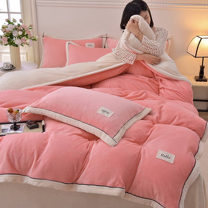 91家纺网 家纺一手货源 找家纺 云恋家纺 纯色双面绒牛奶绒床上用品四件套加厚绒法兰绒床笠被套罩床单双人 青春-粉拼米