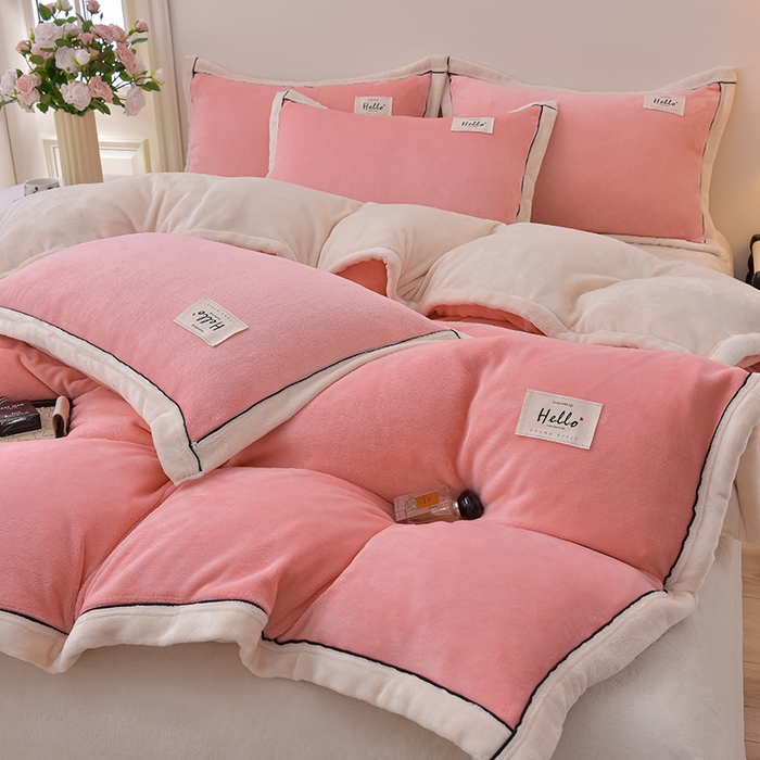 91家纺网 家纺一手货源 找家纺 云恋家纺 纯色双面绒牛奶绒床上用品四件套加厚绒法兰绒床笠被套罩床单双人 青春-粉拼米
