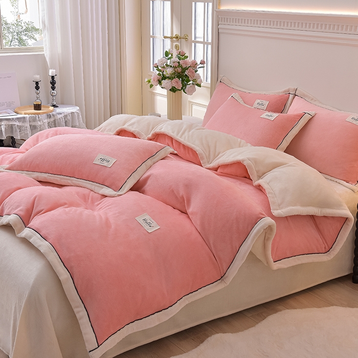 91家纺网 家纺一手货源 找家纺 云恋家纺 纯色双面绒牛奶绒床上用品四件套加厚绒法兰绒床笠被套罩床单双人 青春-粉拼米