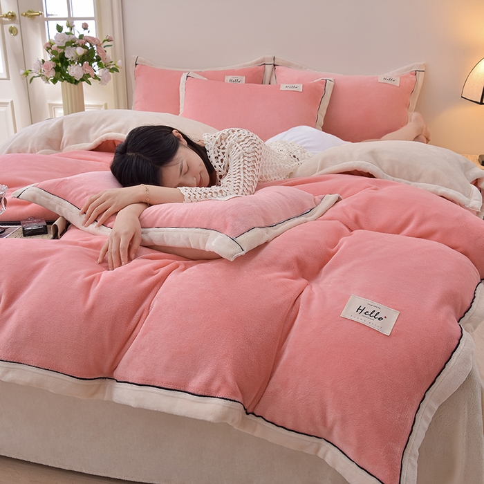 91家纺网 家纺一手货源 找家纺 云恋家纺 纯色双面绒牛奶绒床上用品四件套加厚绒法兰绒床笠被套罩床单双人 青春-粉拼米