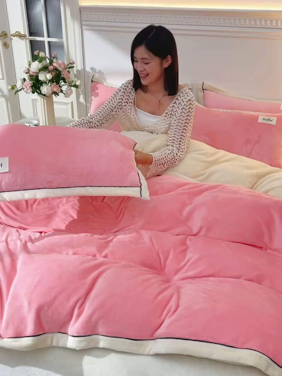 91家纺网 家纺一手货源 找家纺 云恋家纺 纯色双面绒牛奶绒床上用品四件套加厚绒法兰绒床笠被套罩床单双人 青春-粉拼米