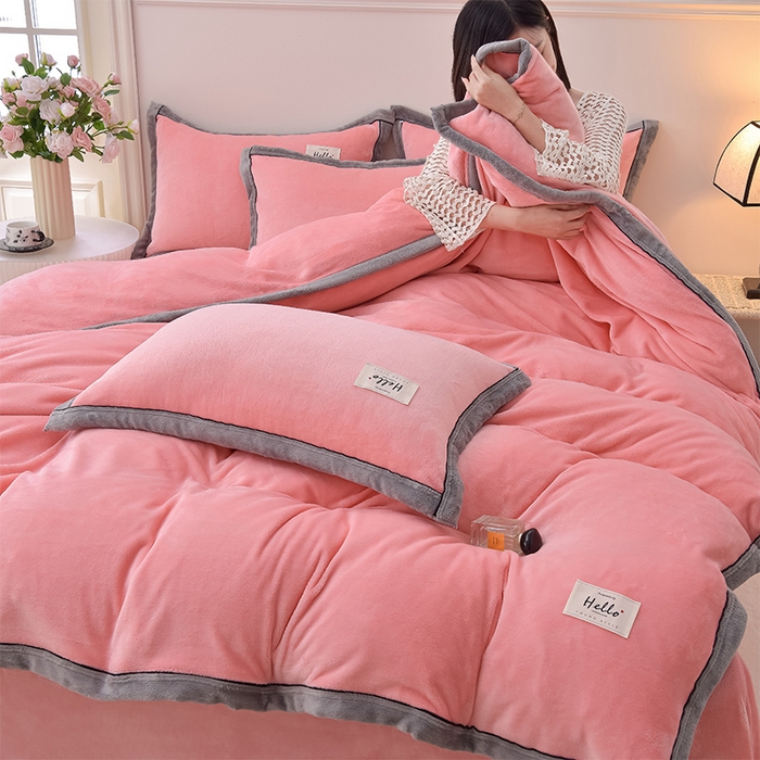91家纺网 家纺一手货源 找家纺 云恋家纺 纯色双面绒牛奶绒床上用品四件套加厚绒法兰绒床笠被套罩床单双人 青春-粉色