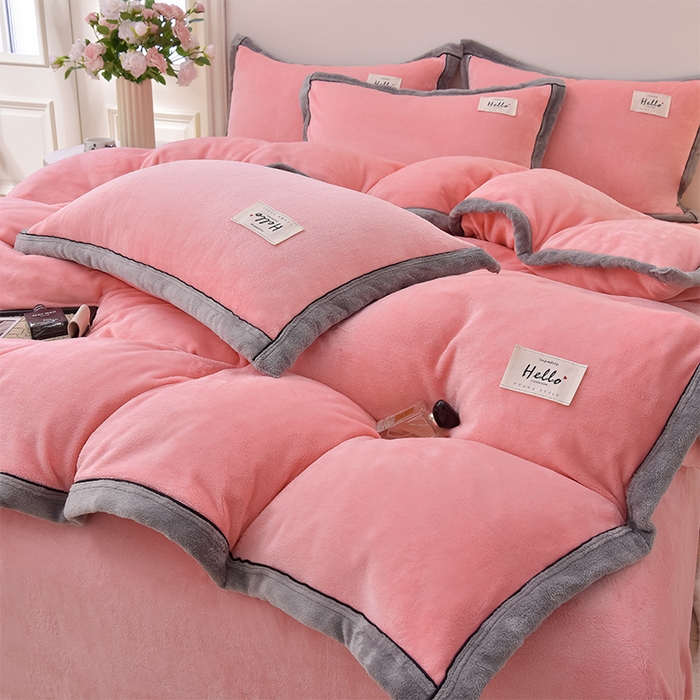 91家纺网 家纺一手货源 找家纺 云恋家纺 纯色双面绒牛奶绒床上用品四件套加厚绒法兰绒床笠被套罩床单双人 青春-粉色