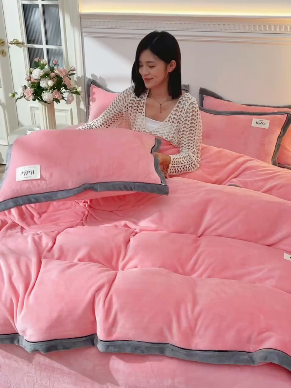 91家纺网 家纺一手货源 找家纺 云恋家纺 纯色双面绒牛奶绒床上用品四件套加厚绒法兰绒床笠被套罩床单双人 青春-粉色