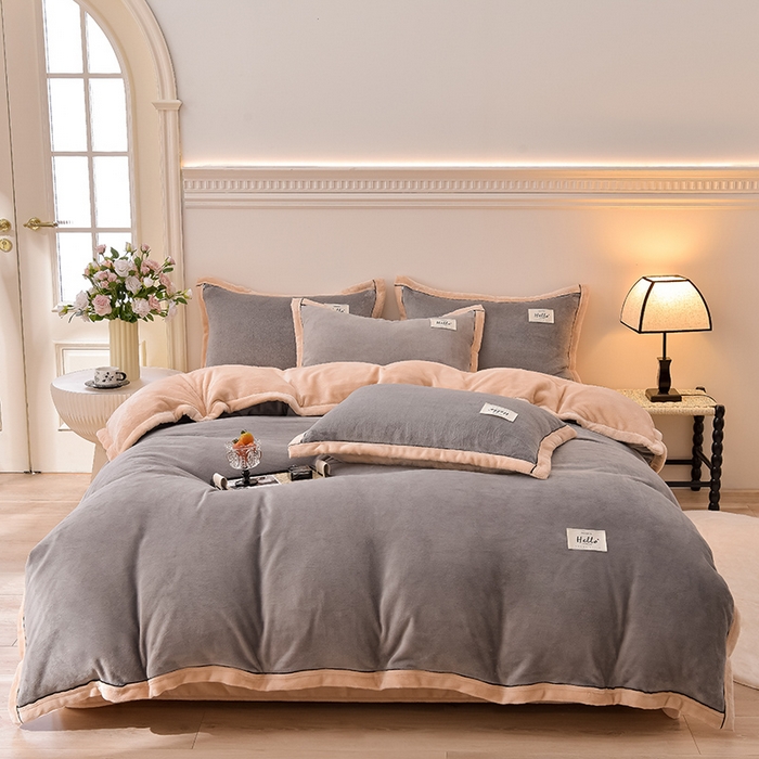 91家纺网 家纺一手货源 找家纺 云恋家纺 纯色双面绒牛奶绒床上用品四件套加厚绒法兰绒床笠被套罩床单双人 青春-灰拼金