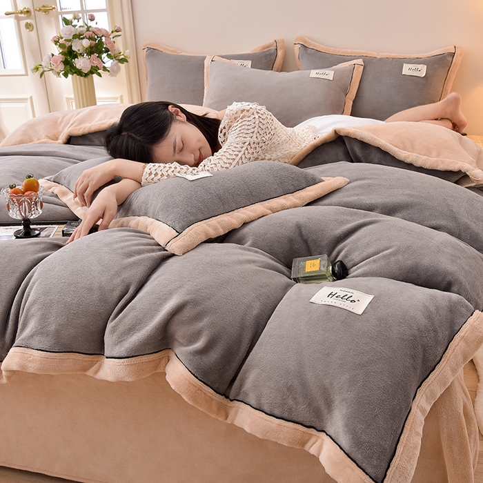 91家纺网 家纺一手货源 找家纺 云恋家纺 纯色双面绒牛奶绒床上用品四件套加厚绒法兰绒床笠被套罩床单双人 青春-灰拼金
