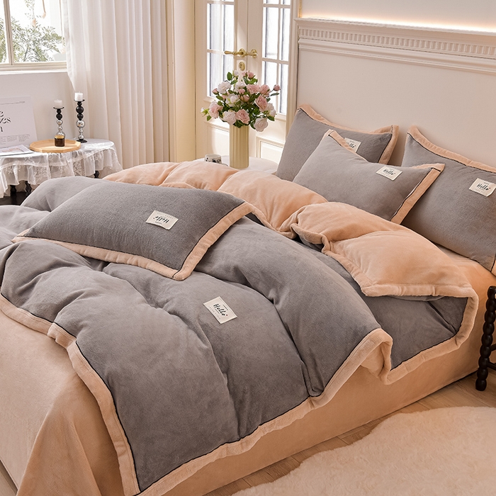 91家纺网 家纺一手货源 找家纺 云恋家纺 纯色双面绒牛奶绒床上用品四件套加厚绒法兰绒床笠被套罩床单双人 青春-灰拼金